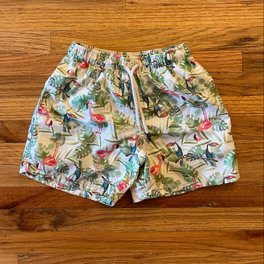 Kiwi Saint-Tropez Kids Flamingo and Tropical Leaf Print Swim Trunks, Size 2